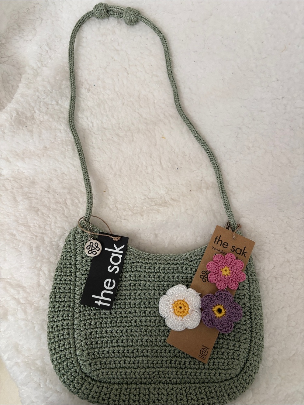 The Sak Sage Green Crochet Crossbody with Floral Appliques